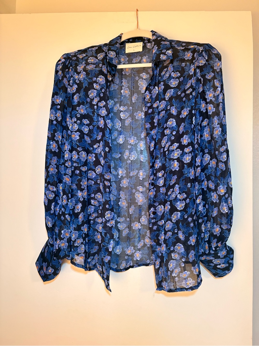 Sheer Blue Floral Tie-Neck Blouse